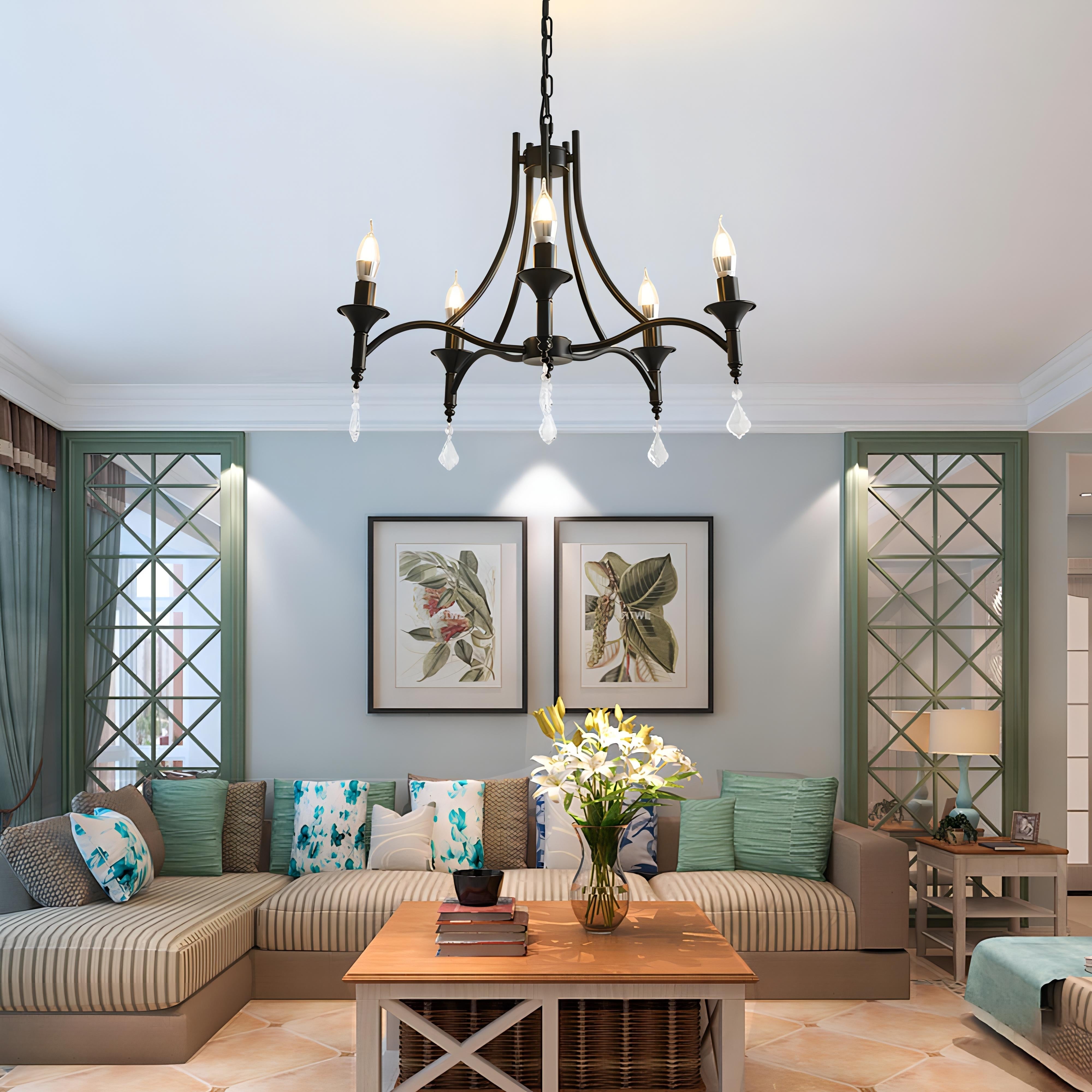 Rowen - Black Traditional Wrought Iron Crystal Ceiling Light Chandelier 5 Head