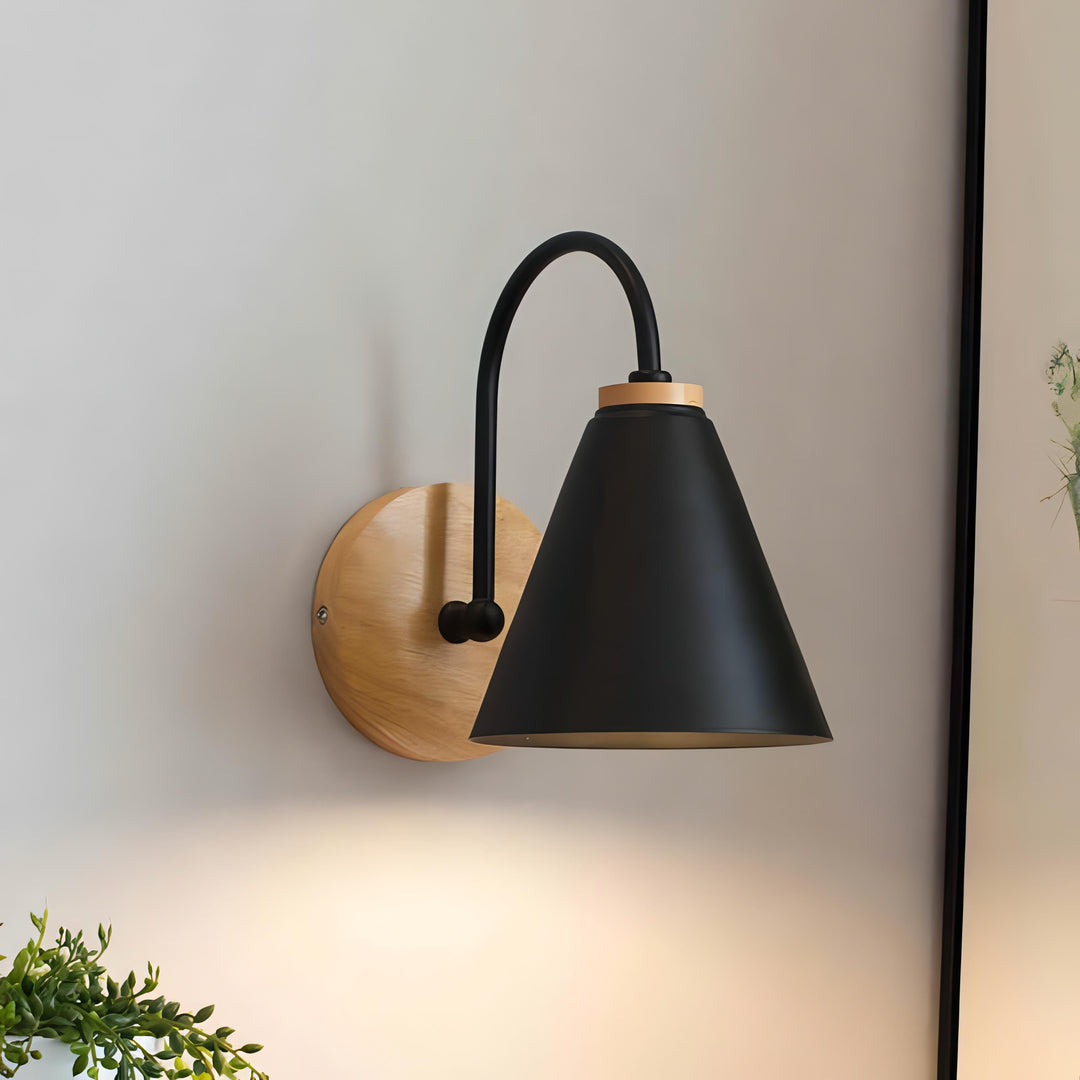 Kenji - Wooden Modern Curved Arm Down Shade Wall Light