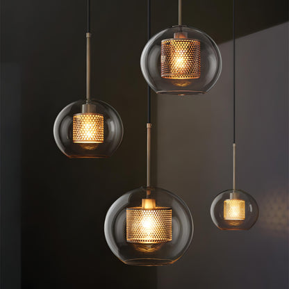 Koen - Round Glass Metal Mesh Caged Bulb Hanging Pendant Ceiling Light