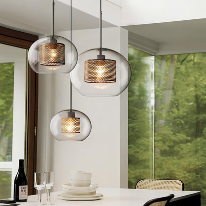 Koen - Round Glass Metal Mesh Caged Bulb Hanging Pendant Ceiling Light