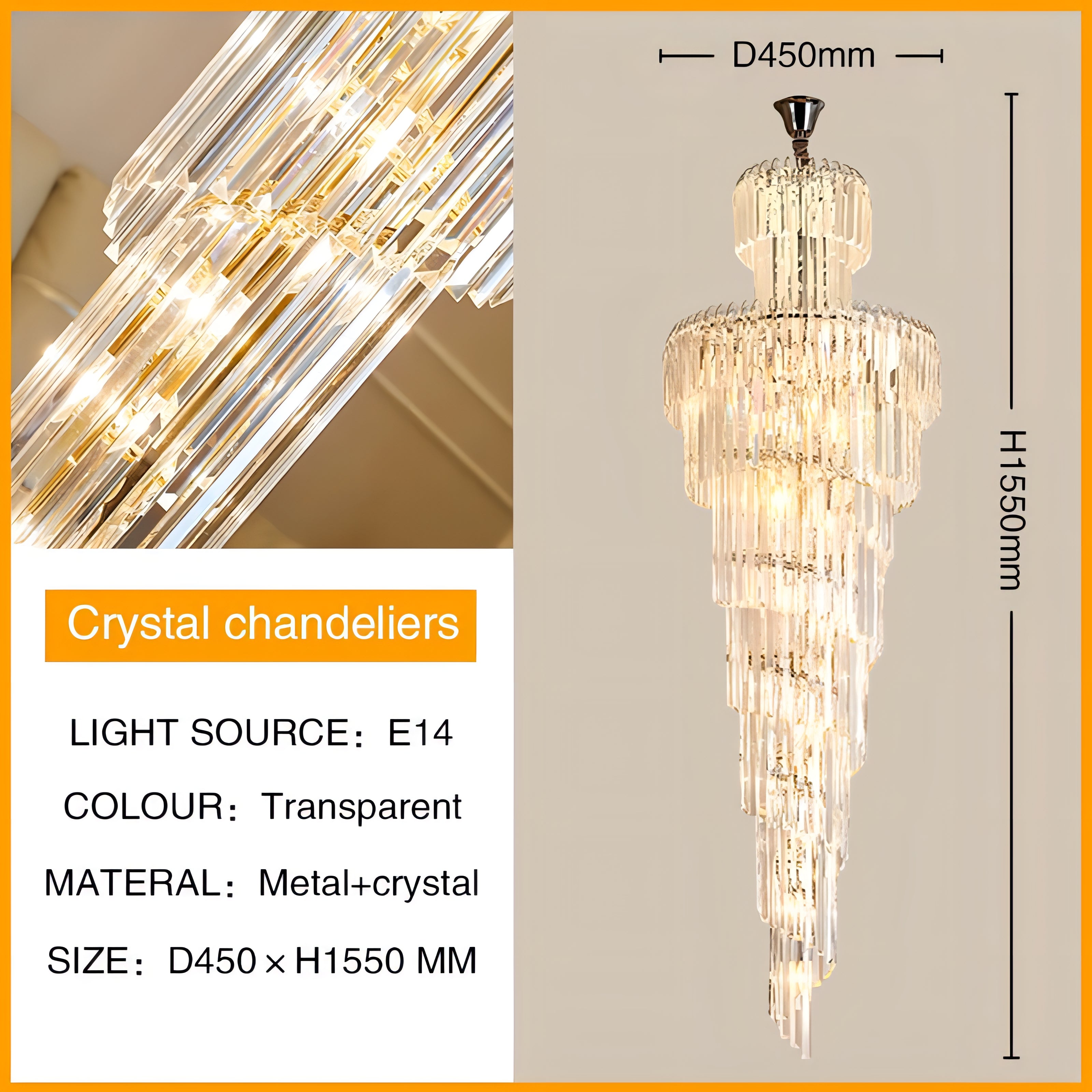 Darius - Long Crystal Tiered Fixed Hanging Ceiling Light Chandelier
