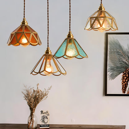 Judson - Vintage Coloured Patterned Glass Gold Frame Pendant Ceiling Light