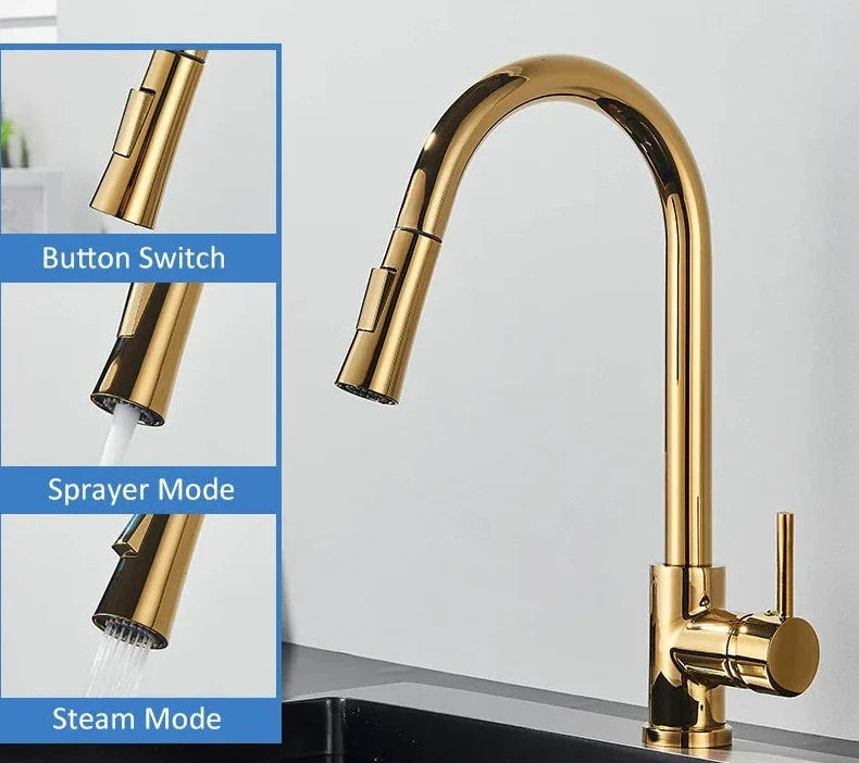 Foley - Kitchen Brushed Gold Pull Out Modern Single Handle Mixer Tap
