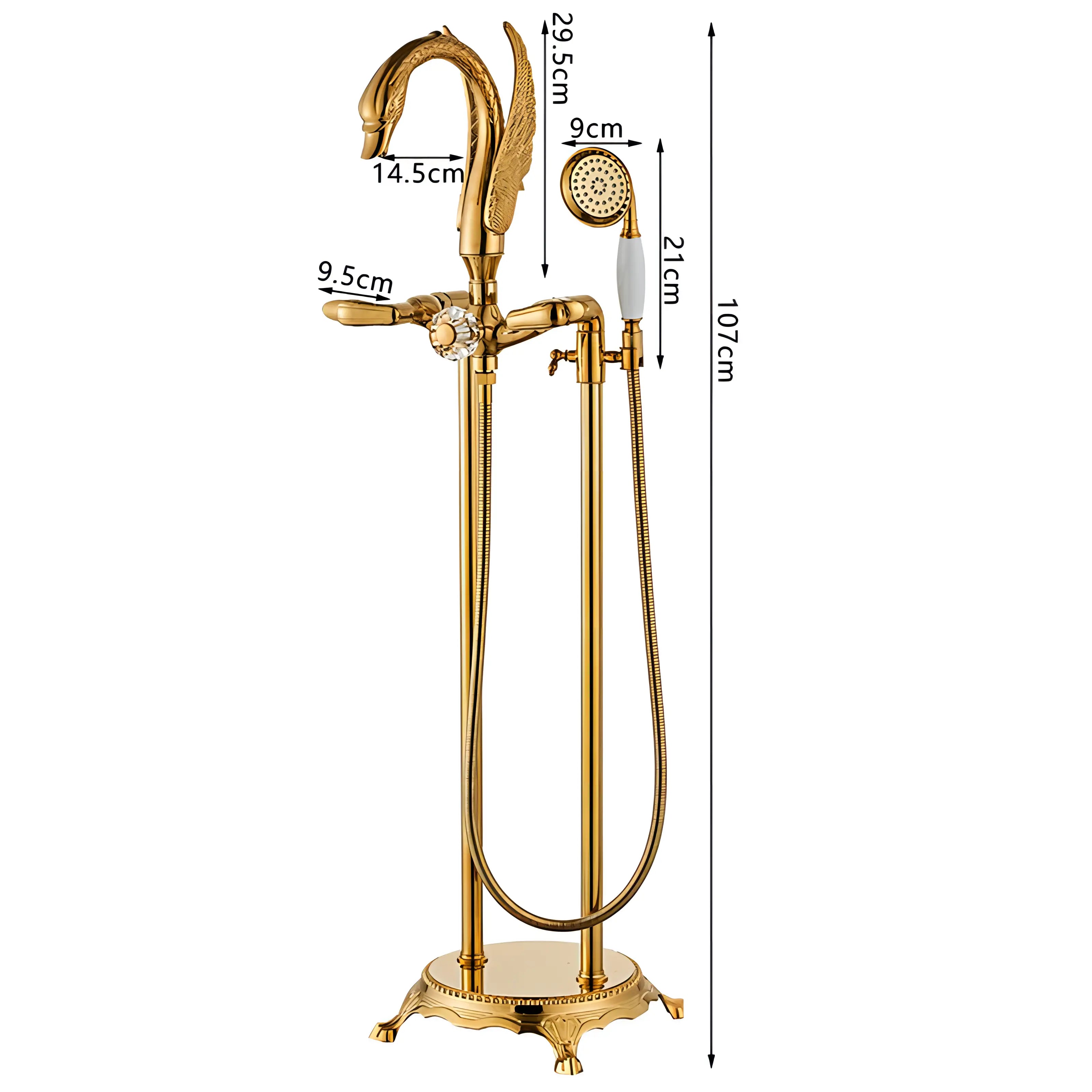 Wilburn - Freestanding Floor Gold Swan Bathtub Tap with Handheld Shower
