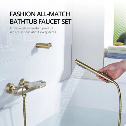 Estrella - Modern Brushed Gold Wall Mounted Bathtub Tap Set with Handheld Shower
