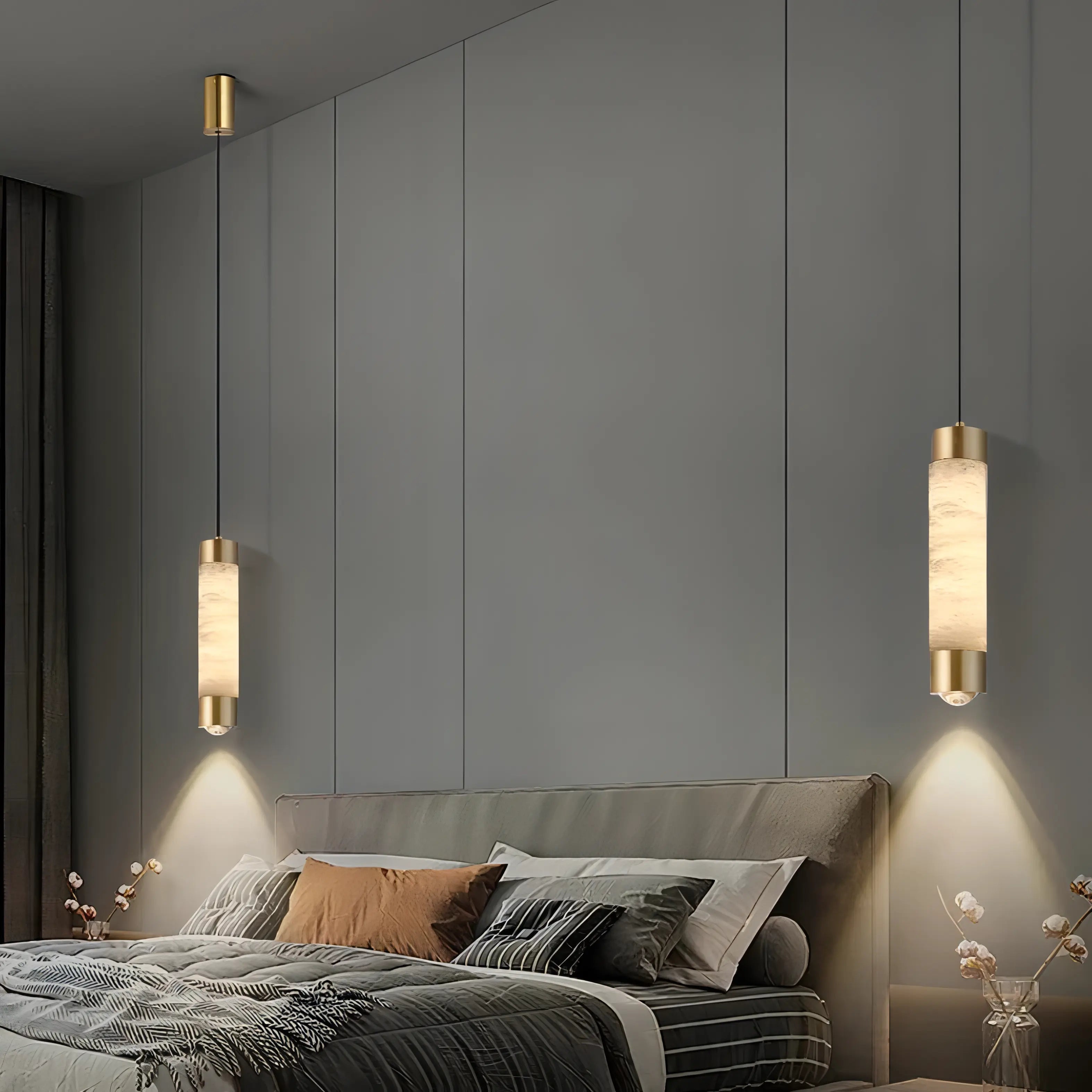 Lowrie - Modern Minimalist Gold Hanging Tube Marble Copper Ceiling Light