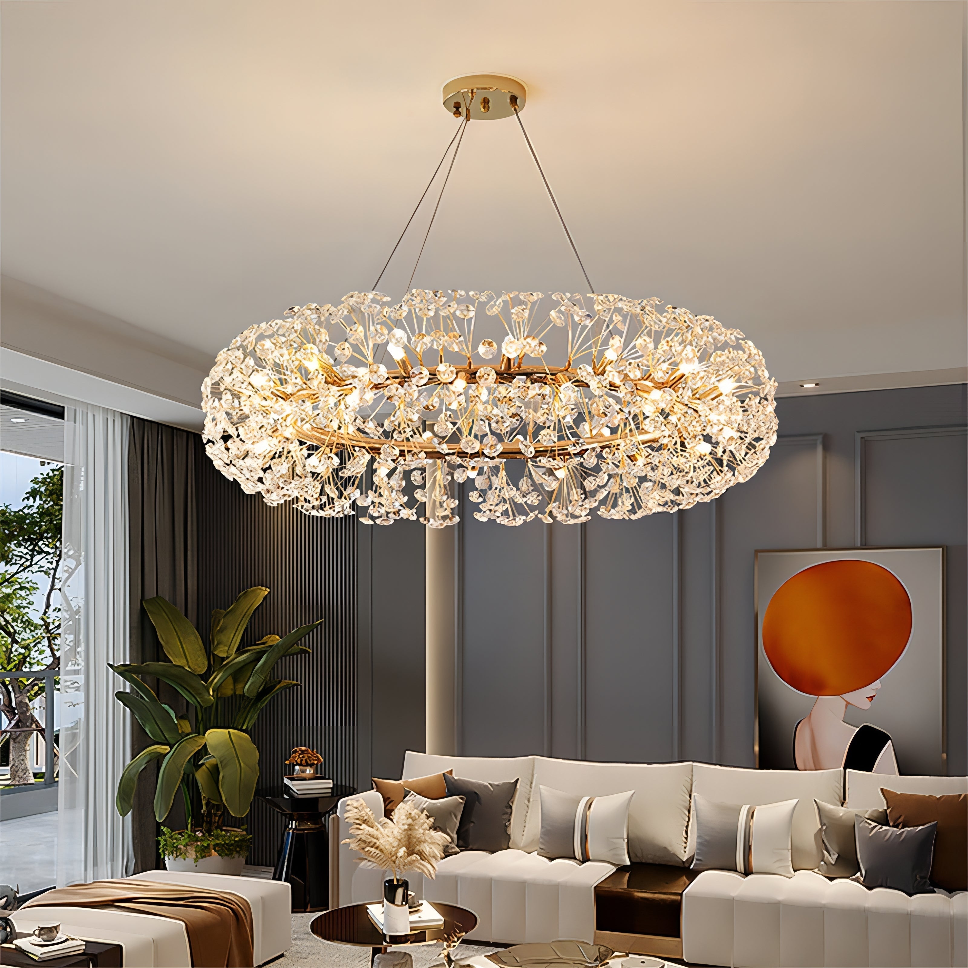Abdiel - Glass Dandelion Gold Frame Round Clear Crystal Ceiling Light Chandelier