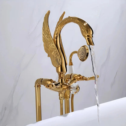 Wilburn - Freestanding Floor Gold Swan Bathtub Tap with Handheld Shower