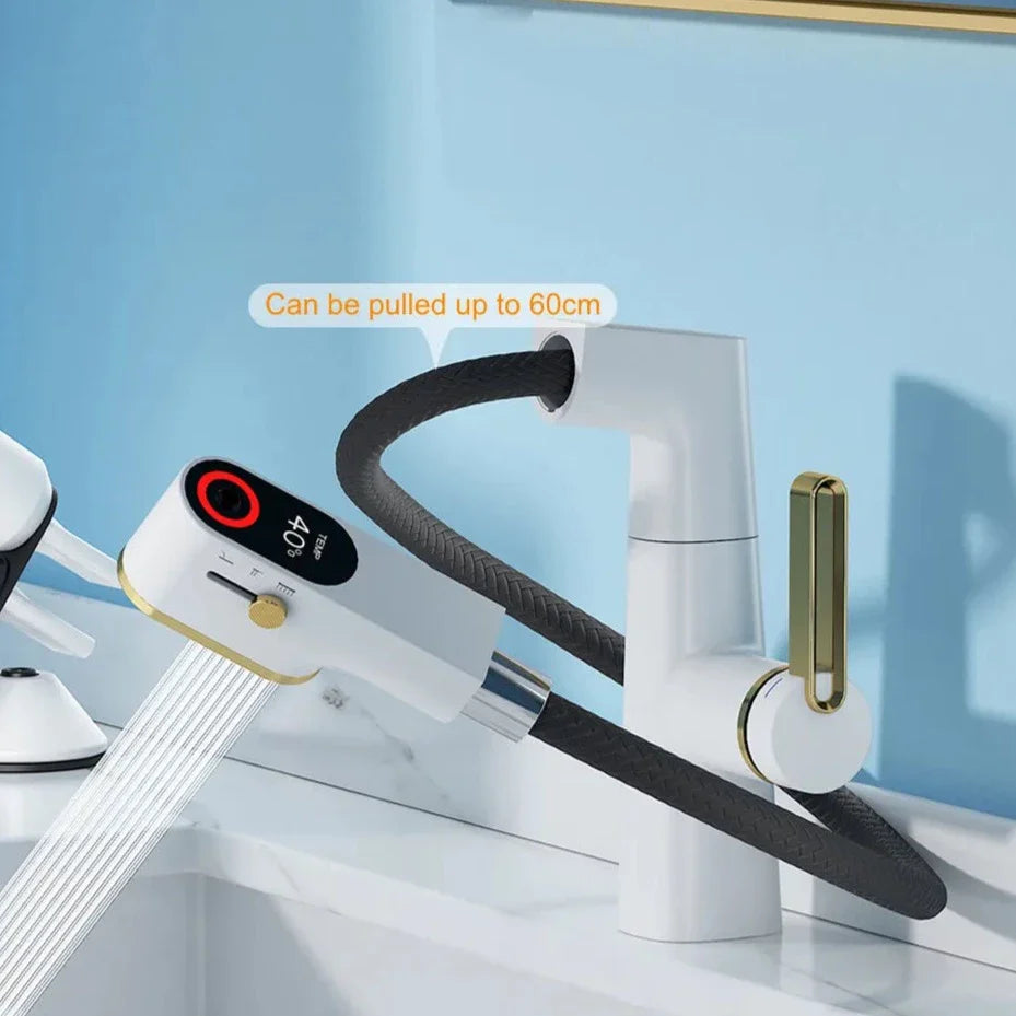 Reese - Pull Out Basin Mixer LED Temperature Tap 360° Rotatable