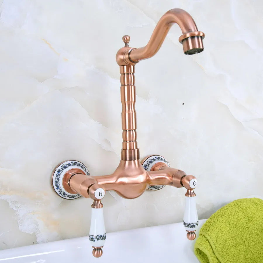Trenton - Vintage Copper Wall Mount Dual Handle Swivel Spout Bathroom Tap