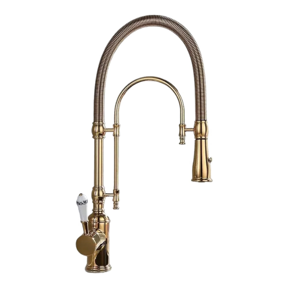 Staffo - Gold Brass Porcelain Pull Down Dual Mixer Kitchen Tap