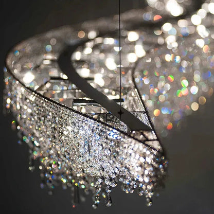 Sage - Long Wave K9 Crystal Silver Hanging Ceiling Chandelier