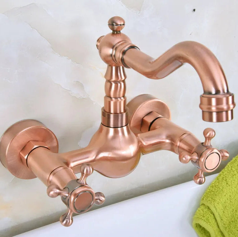 Trenton - Vintage Copper Wall Mount Dual Handle Swivel Spout Bathroom Tap