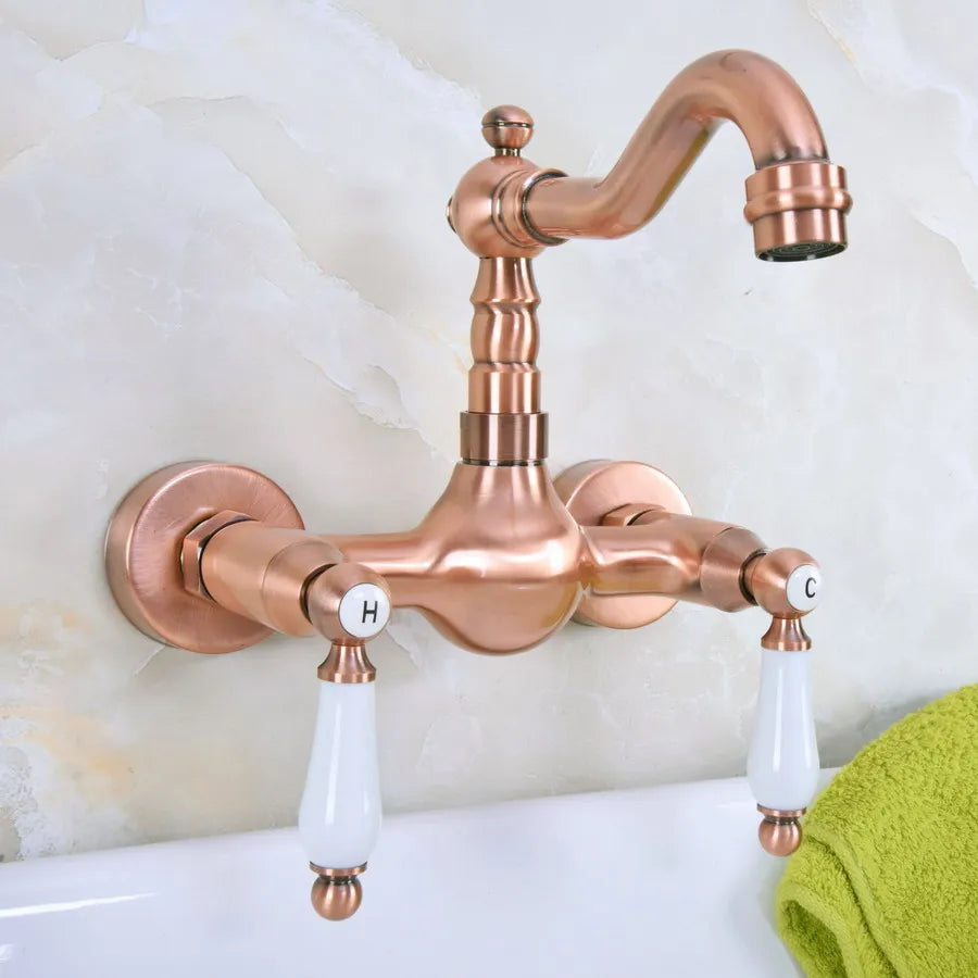 Trenton - Vintage Copper Wall Mount Dual Handle Swivel Spout Bathroom Tap