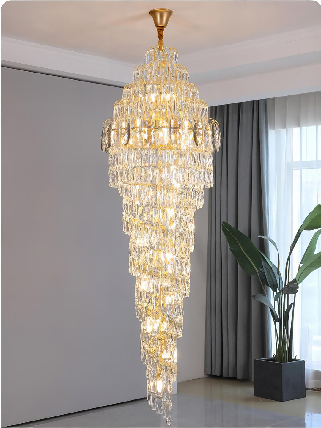 Amanda - Long Gold Round Tiered Crystal Chandelier