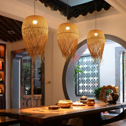 Rosalia - Natural Bamboo Wicker Rattan Tassel Hanging Pendant Ceiling Light