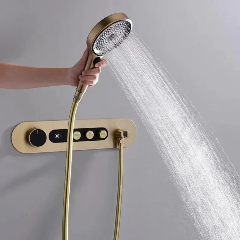 Jacobson - Digital Brushed Gold Shower System with Temperature Display Rainfall Head