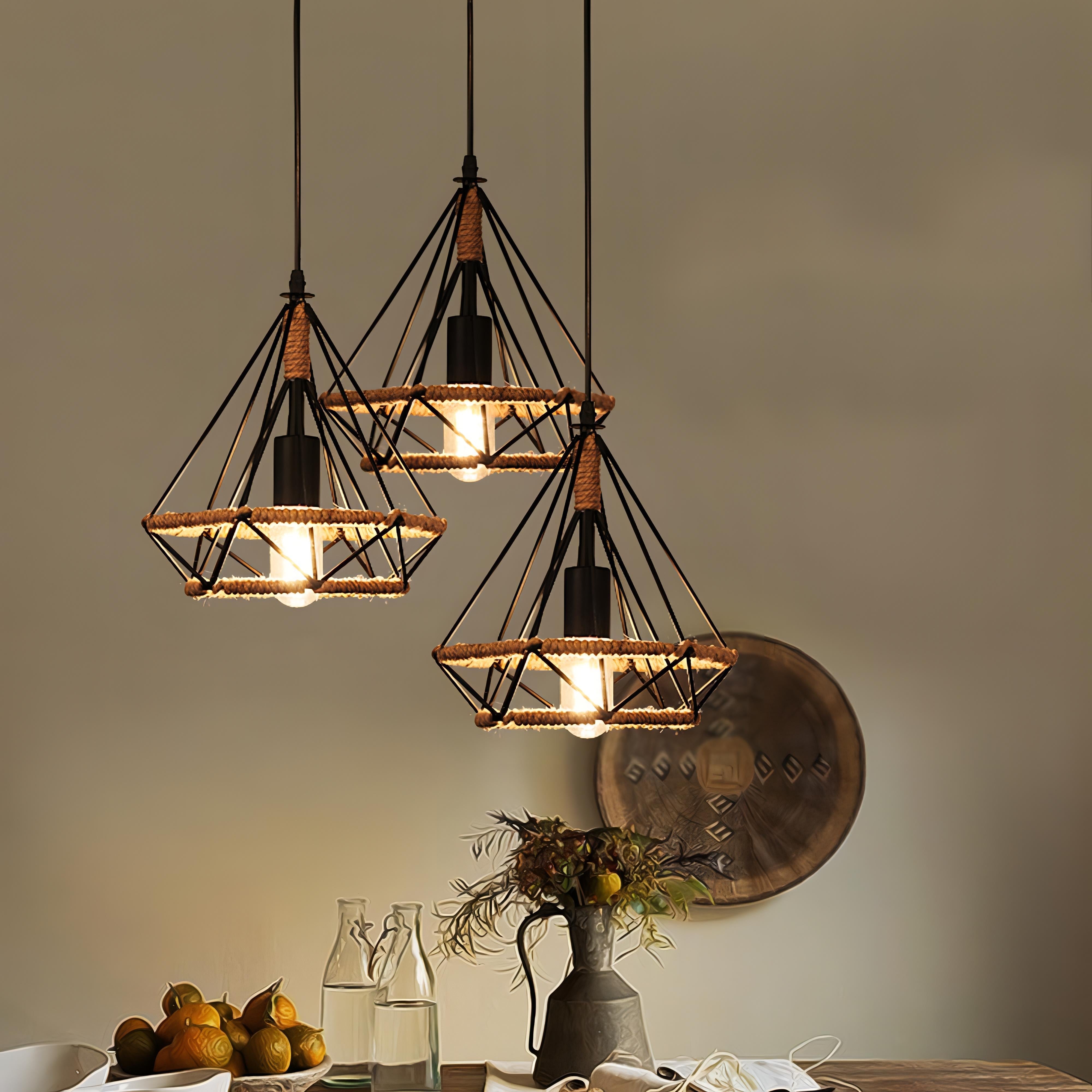 Lailie - Industrial Hemp Rope Triangle Black Hanging Ceiling Light