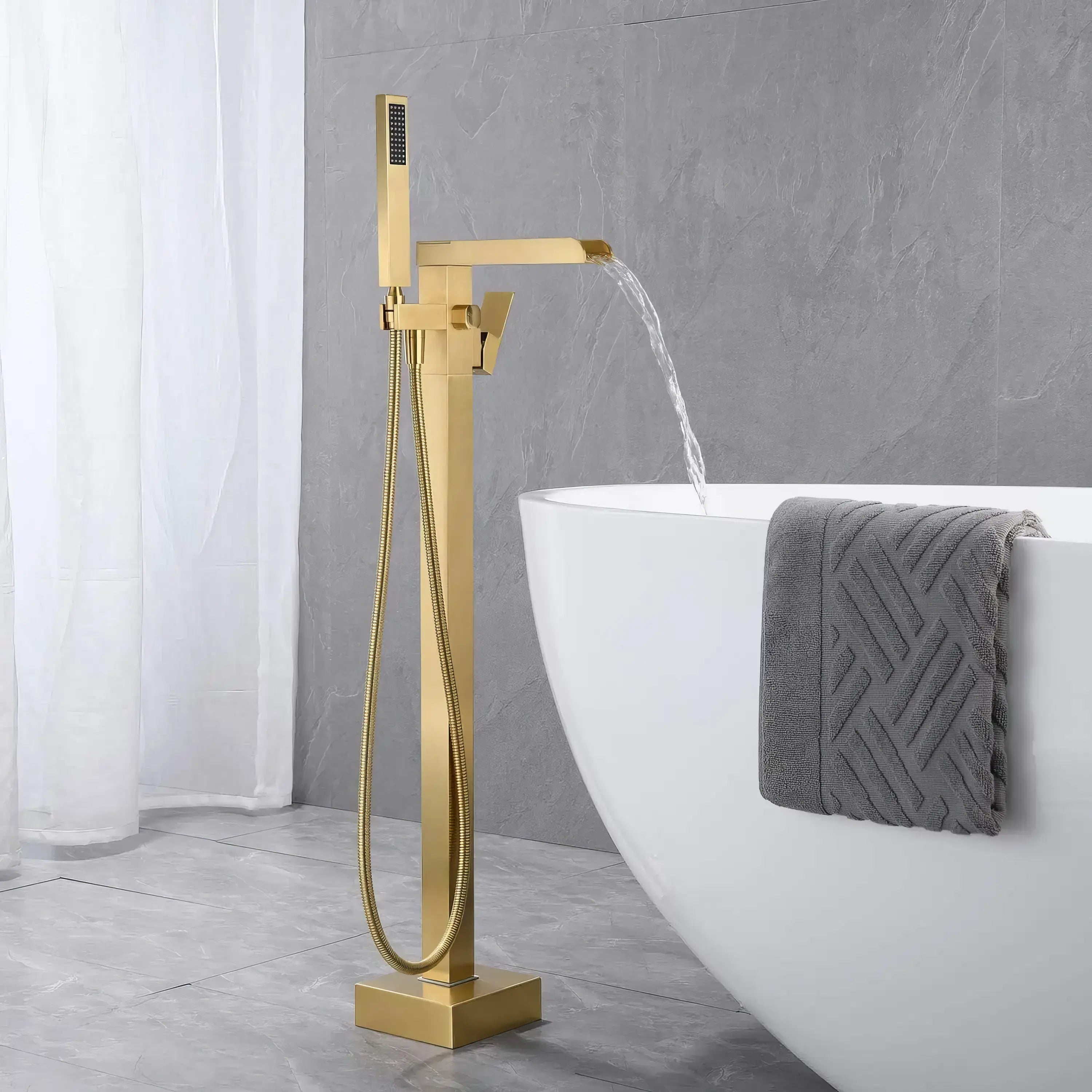 Zapata - Floor Standing Modern Bathtub Waterfall Filler Tap with Hand Shower