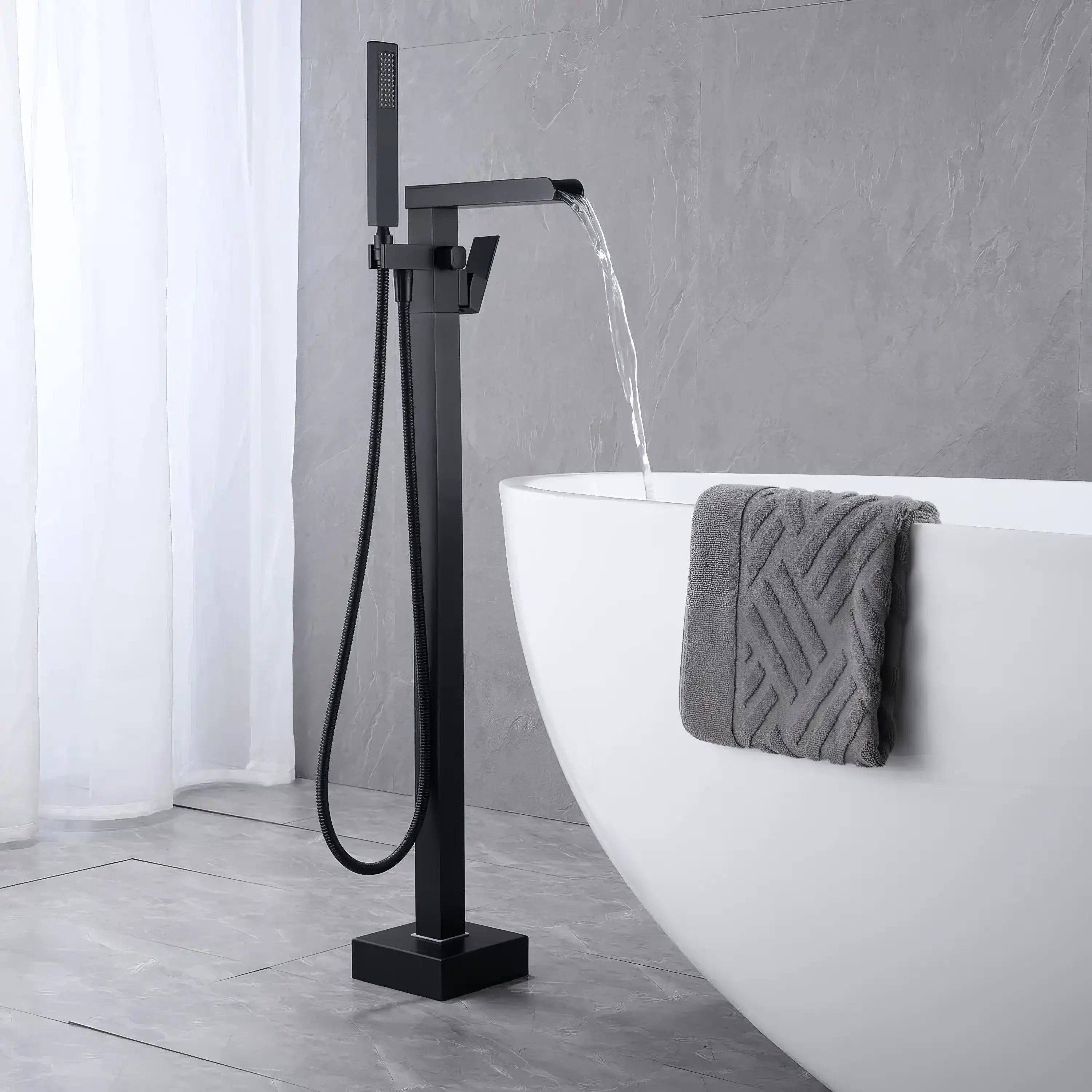 Zapata - Floor Standing Modern Bathtub Waterfall Filler Tap with Hand Shower