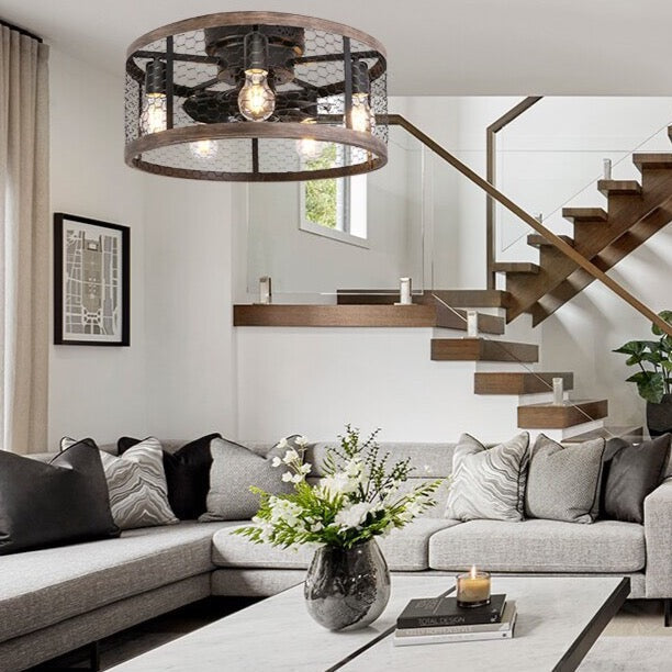 Amalie - Industrial Cage Ceiling Fan Light with Remote Control