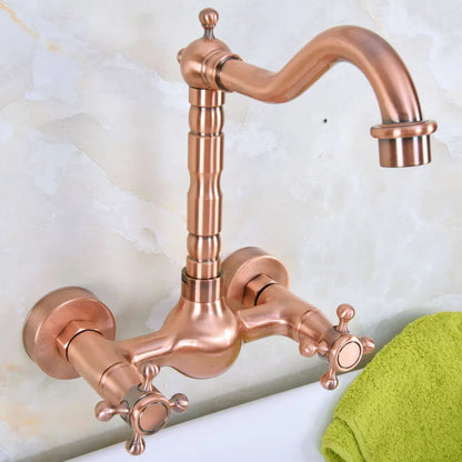 Trenton - Vintage Copper Wall Mount Dual Handle Swivel Spout Bathroom Tap