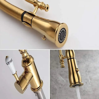 Staffo - Gold Brass Porcelain Pull Down Dual Mixer Kitchen Tap