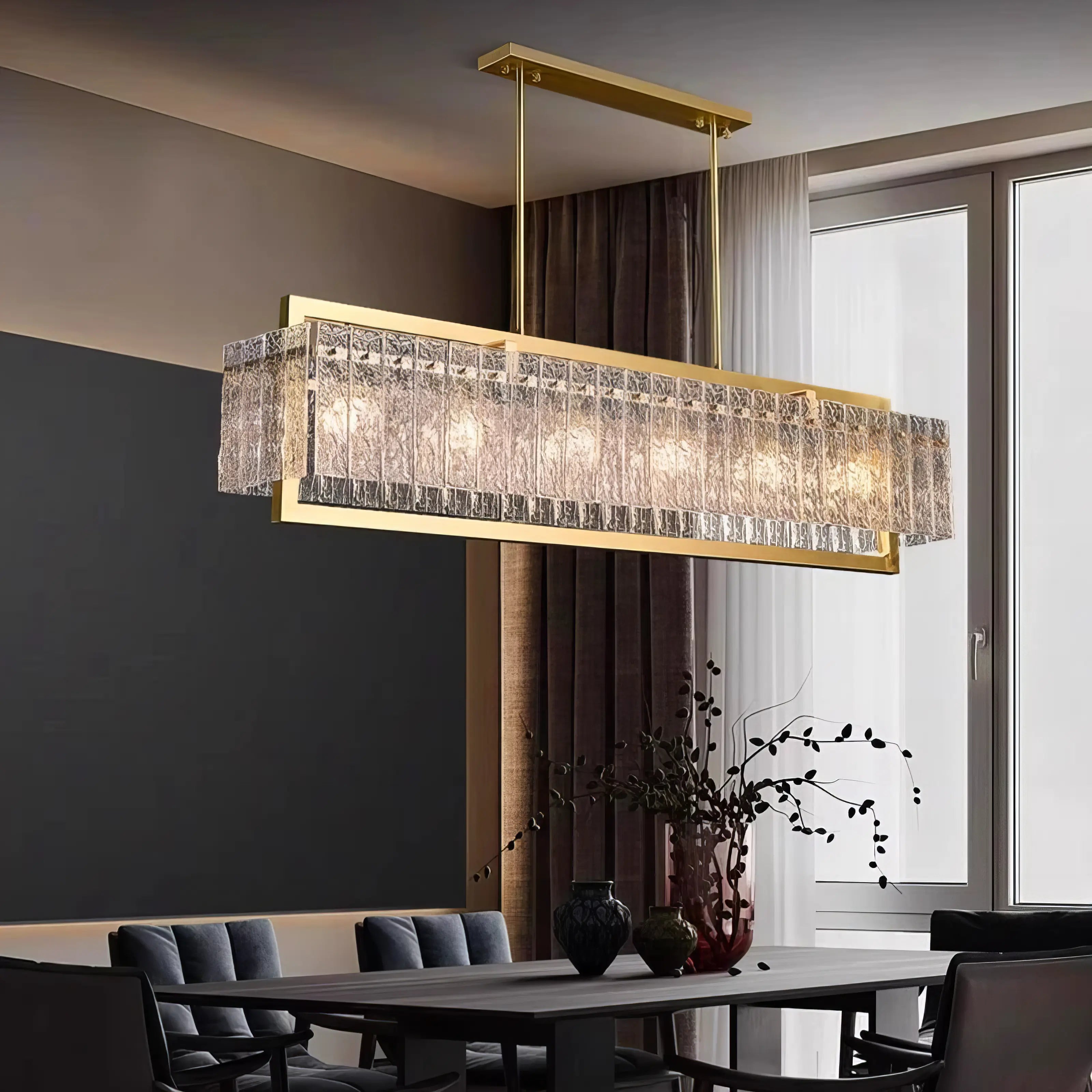 Greta - Rectangular Modern Glass Gold Frame Ceiling Chandelier
