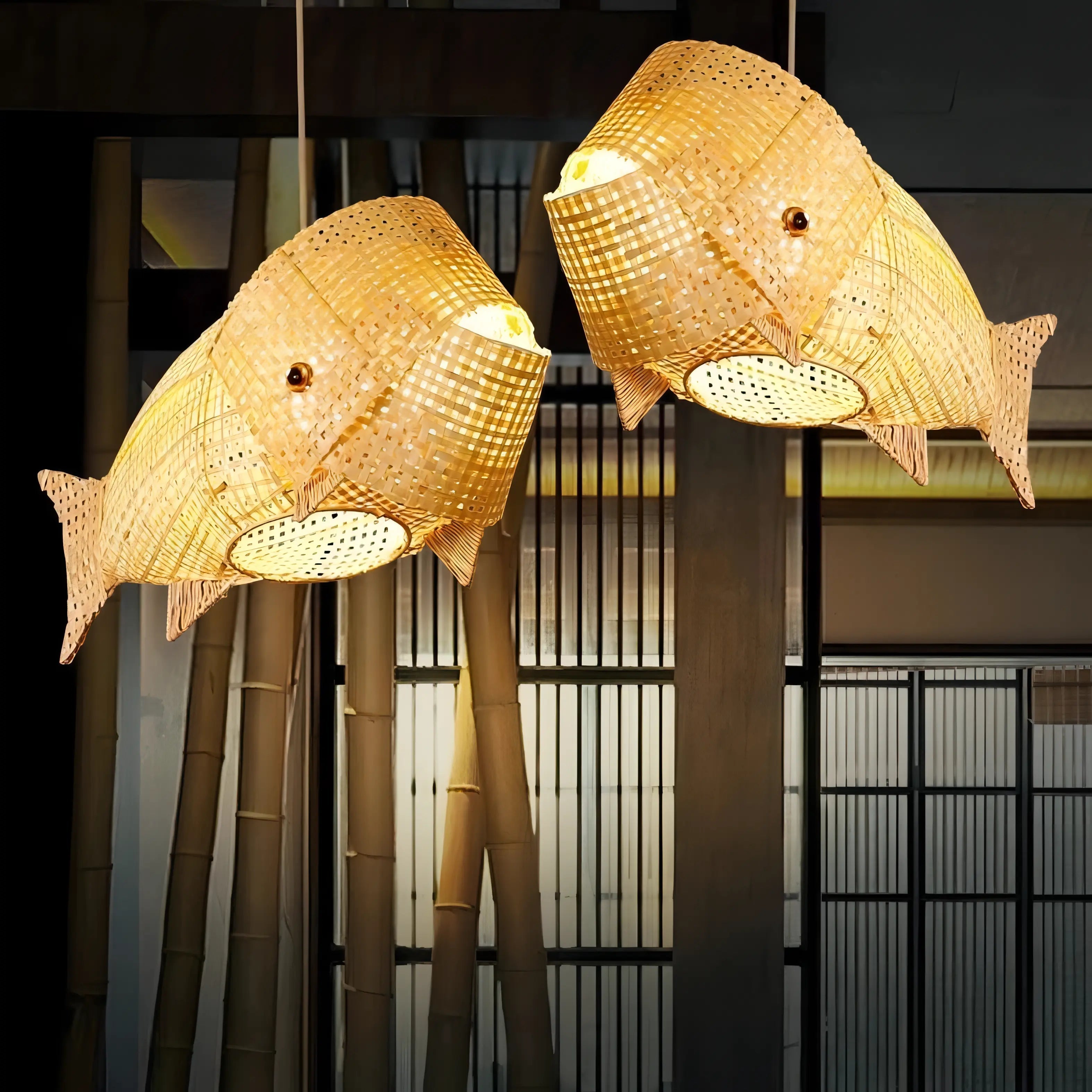 Amaris - Modern Bamboo Wood Hanging Fish Ceiling Light