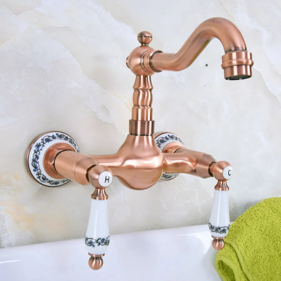 Trenton - Vintage Copper Wall Mount Dual Handle Swivel Spout Bathroom Tap