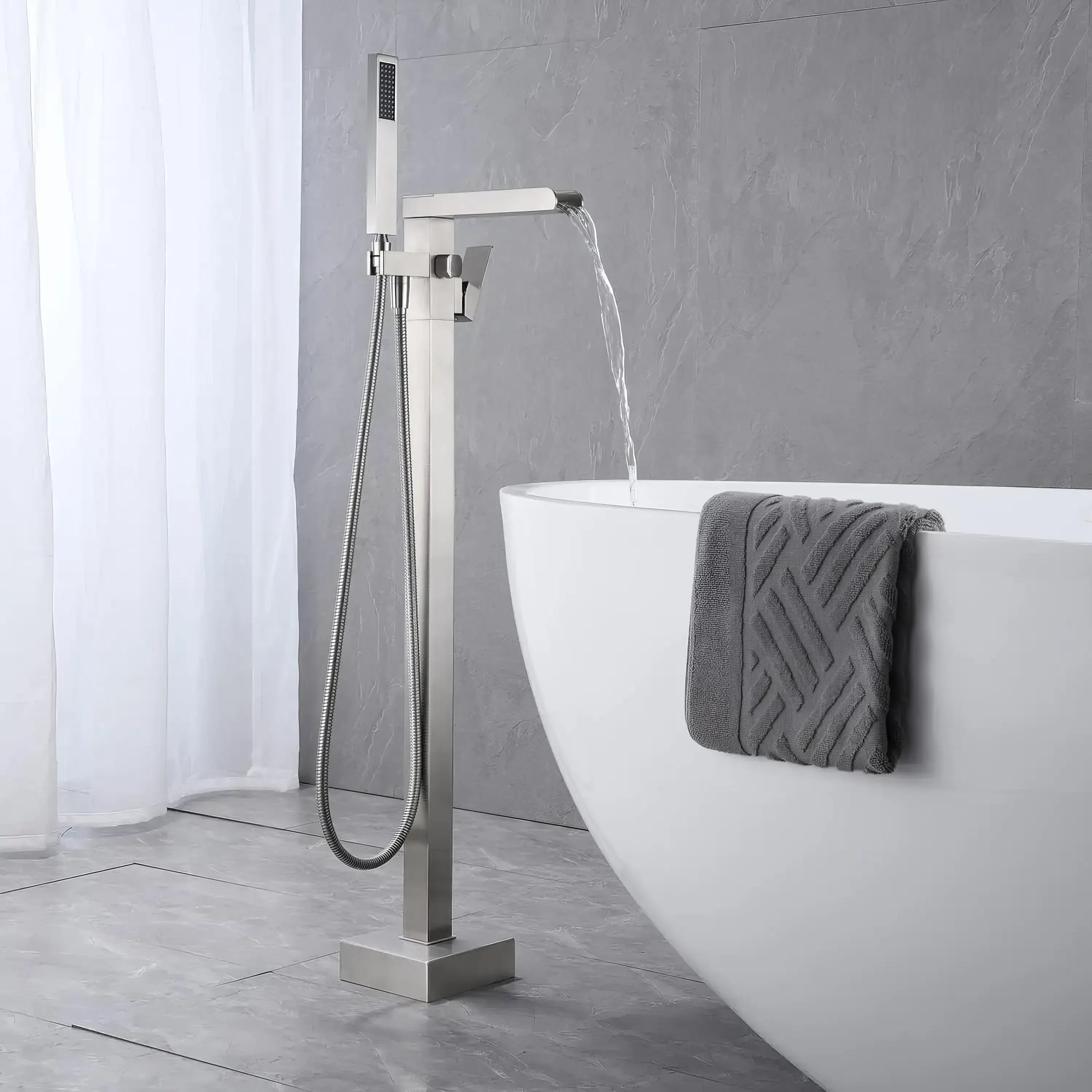 Zapata - Floor Standing Modern Bathtub Waterfall Filler Tap with Hand Shower