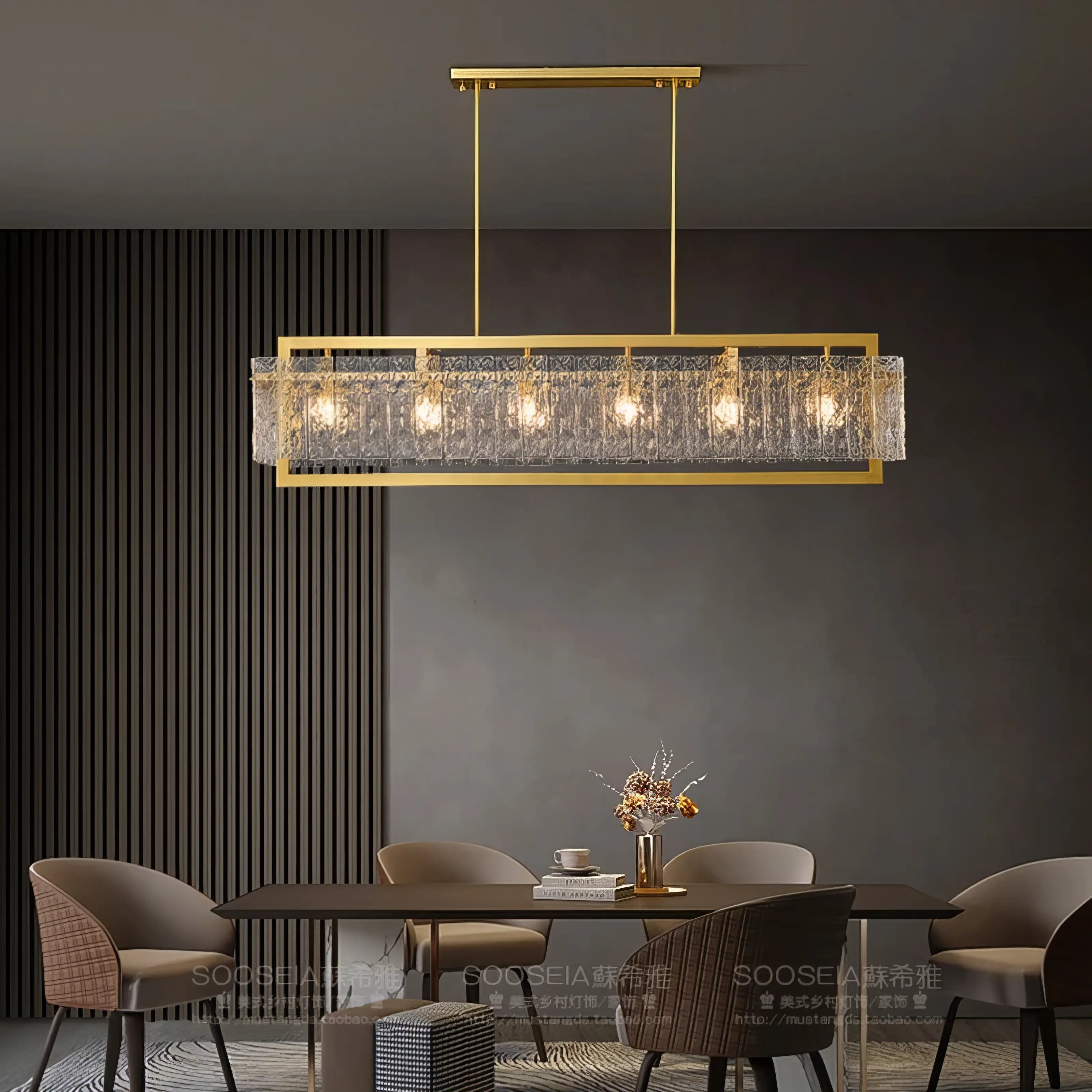 Greta - Rectangular Modern Glass Gold Frame Ceiling Chandelier