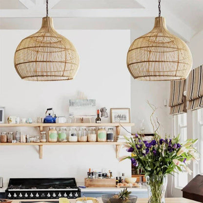 Hermilo - Japanese Rattan Woven Hanging Dome Pendant Ceiling Light