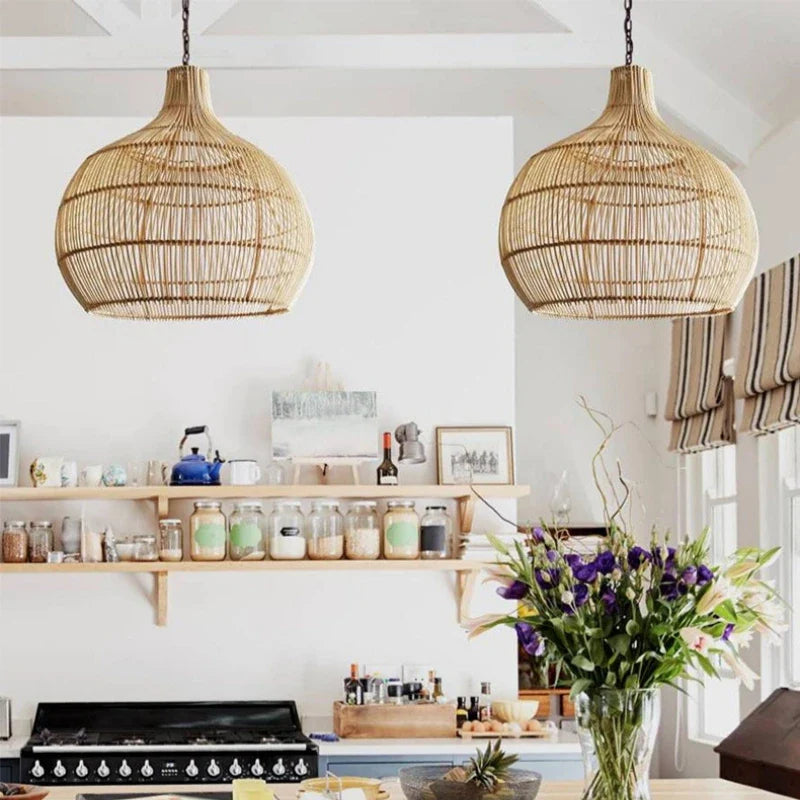 Hermilo - Japanese Rattan Woven Hanging Dome Pendant Ceiling Light