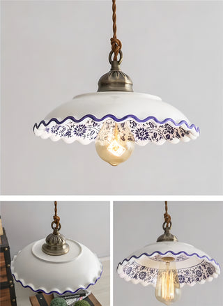 Michaela - Ceramic Round White & Blue Vintage Hanging Ceiling Pendant Light