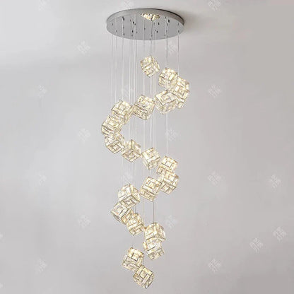 Maxine - Modern Statement Multi Head Chrome Square Crystal Spiral Chandelier