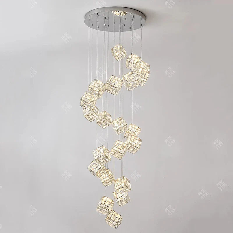 Maxine - Modern Statement Multi Head Chrome Square Crystal Spiral Chandelier