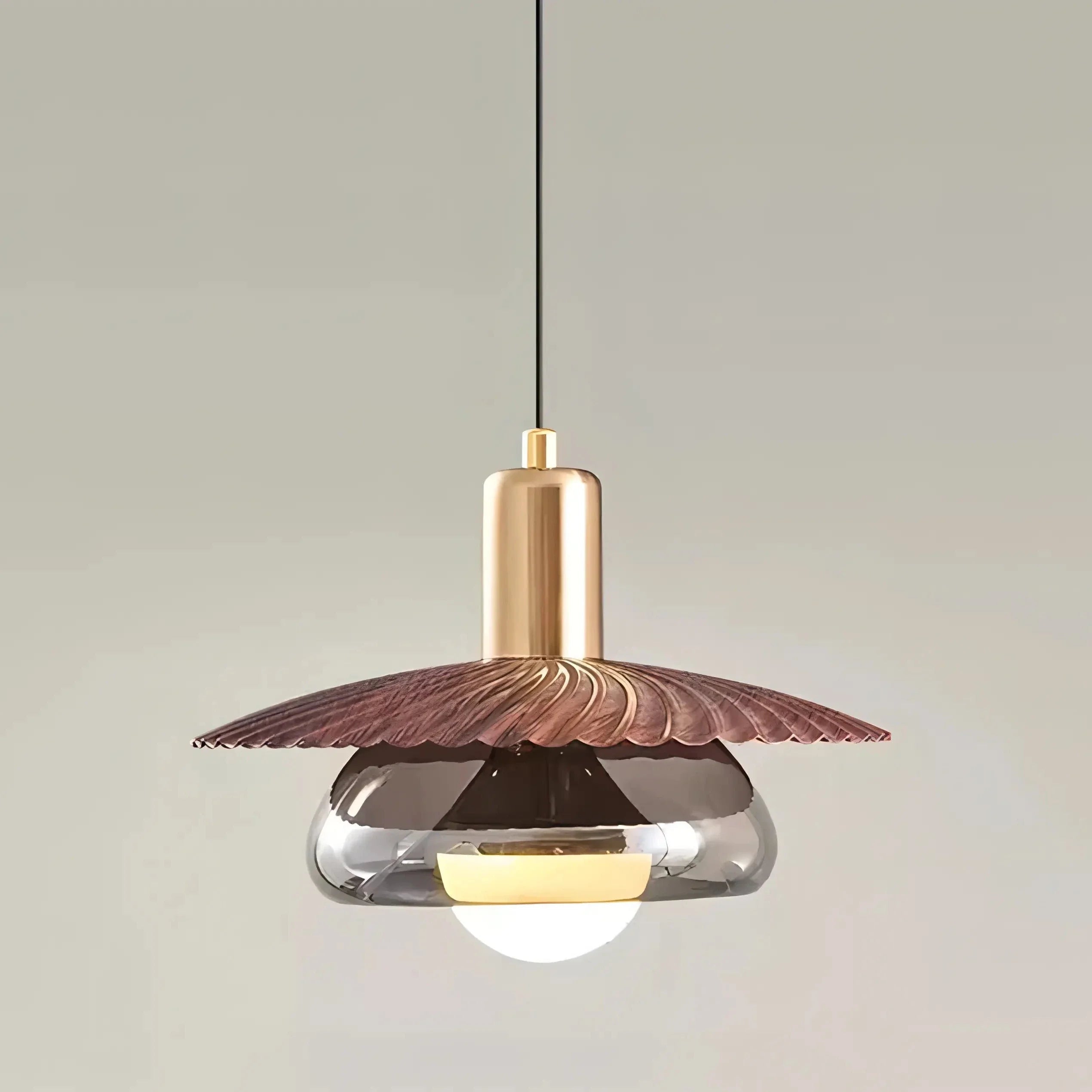 Bartola - Modern Grey Glass Circular Wood Style Shade Hanging Pendant Ceiling Light