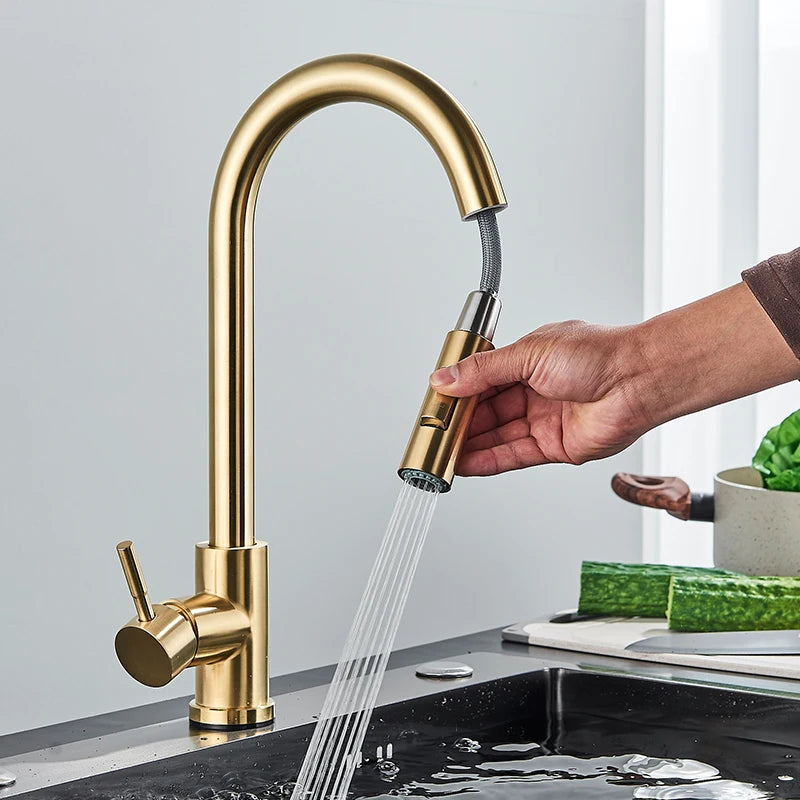 Foley - Kitchen Brushed Gold Pull Out Modern Single Handle Mixer Tap