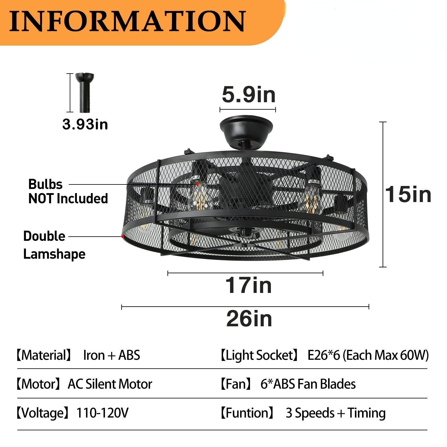 Avleen - Industrial Cage Ceiling Fan with E26 Bulb Light