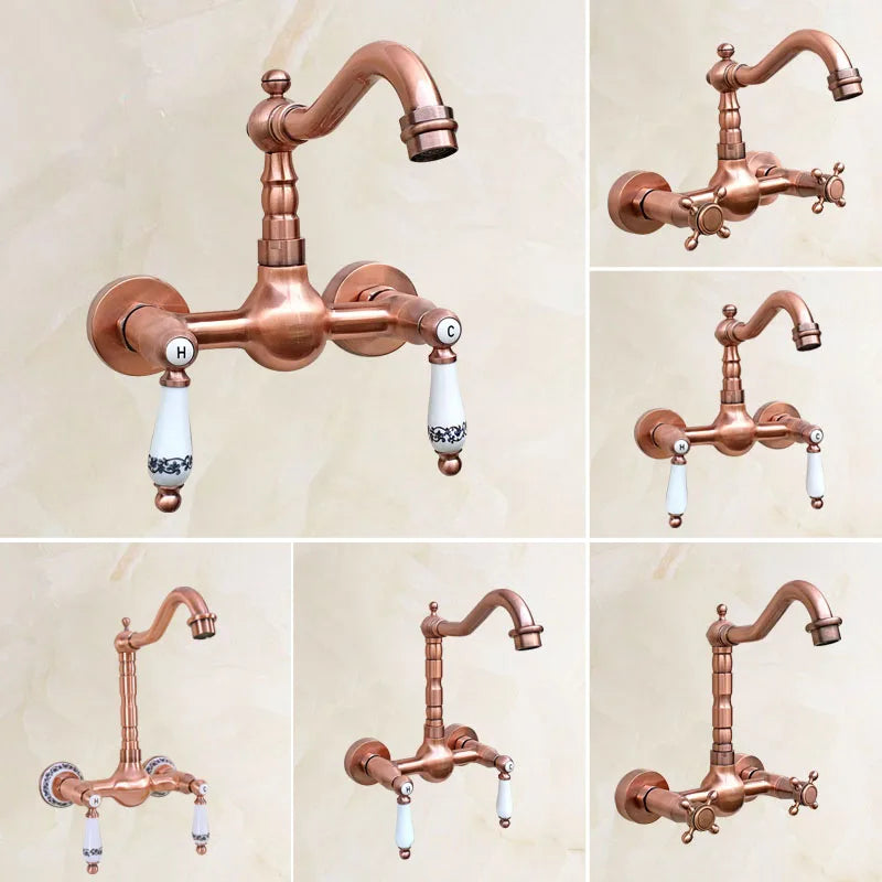 Trenton - Vintage Copper Wall Mount Dual Handle Swivel Spout Bathroom Tap