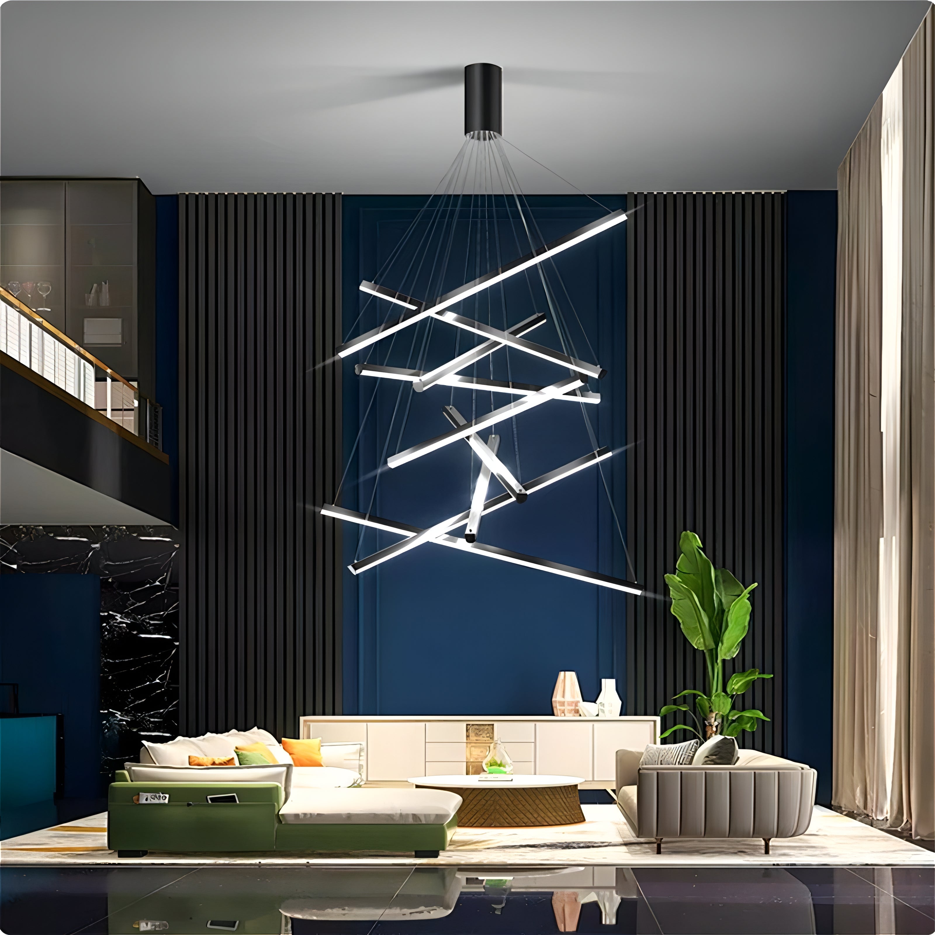 Miller - Modern Hanging Thin Black Crossed Bar Ceiling Light Chandelier