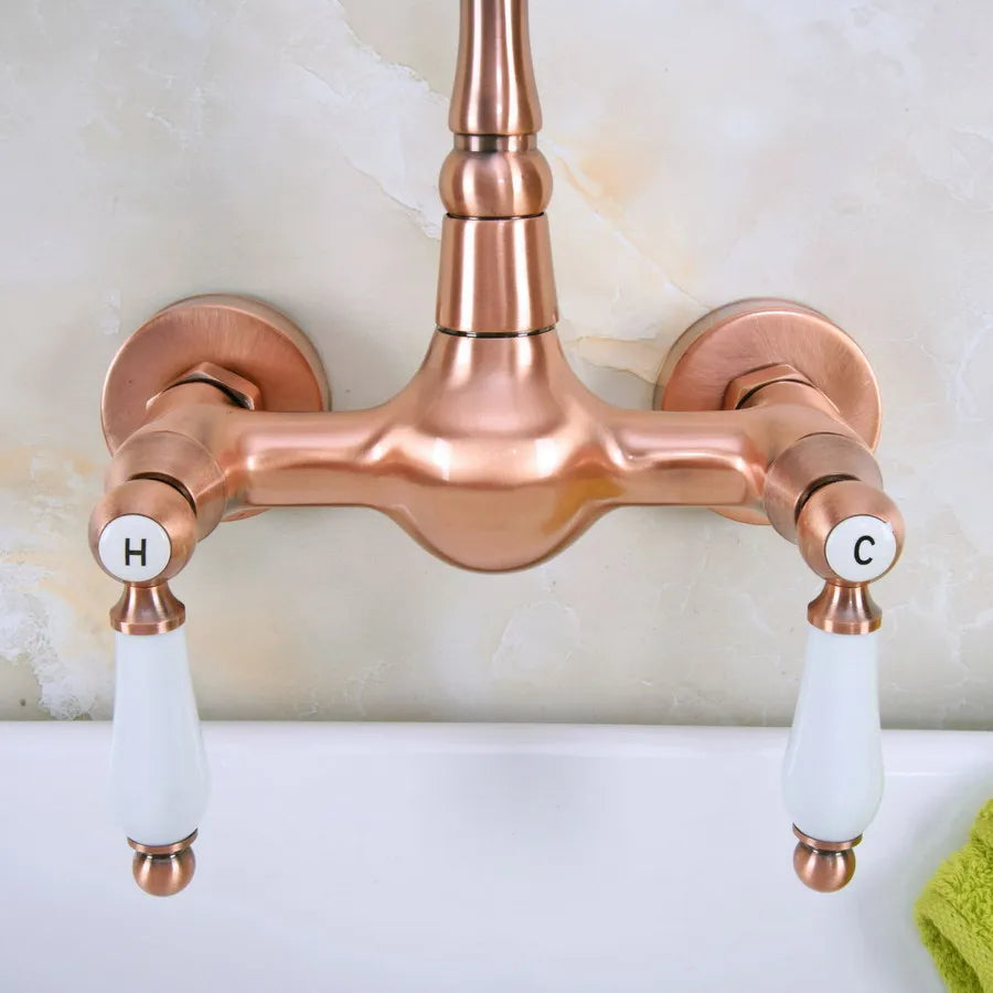Trenton - Vintage Copper Wall Mount Dual Handle Swivel Spout Bathroom Tap