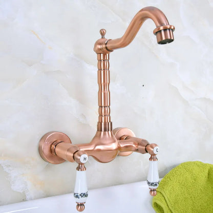 Trenton - Vintage Copper Wall Mount Dual Handle Swivel Spout Bathroom Tap