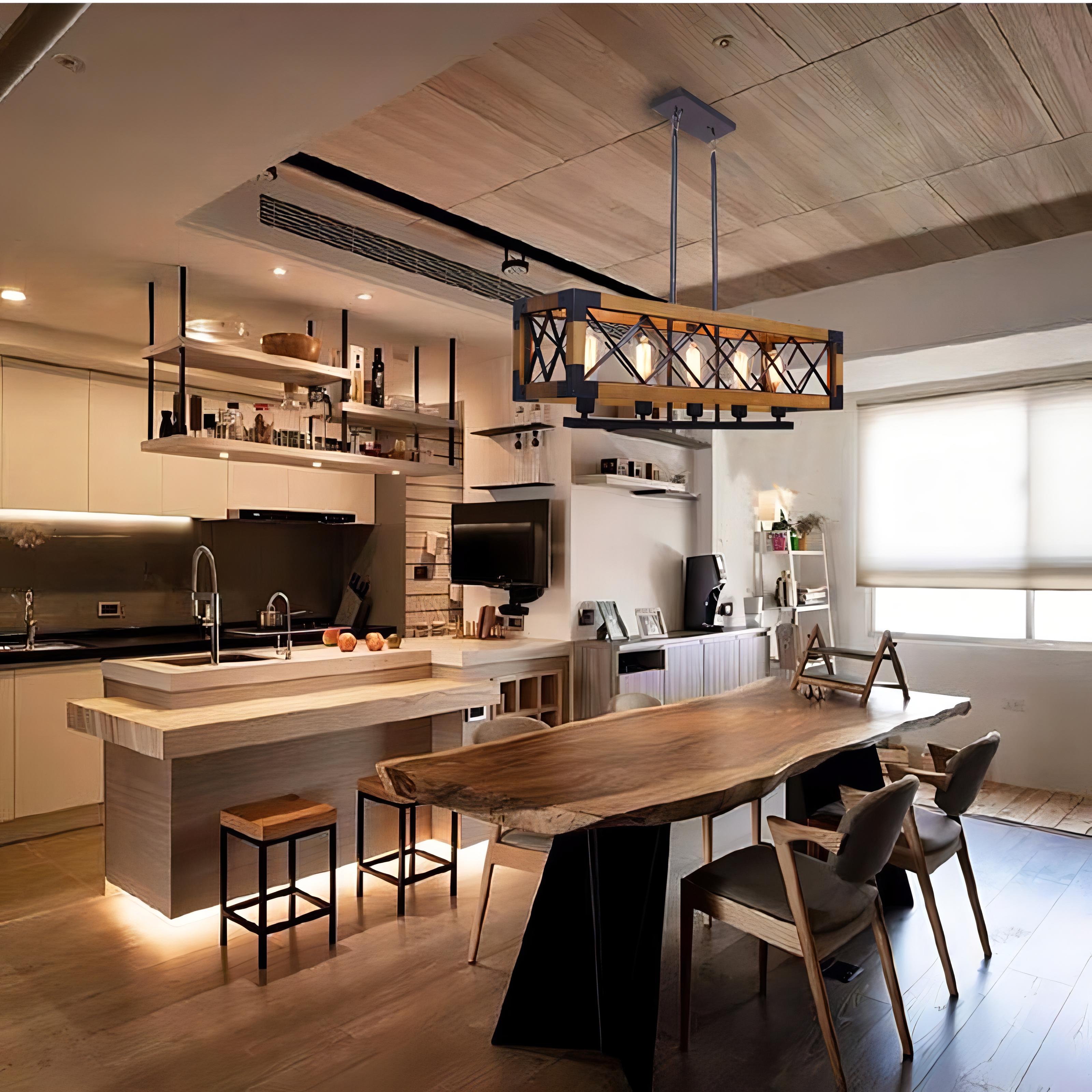 Leylani - Retro Industrial Cage Wood Ceiling Light