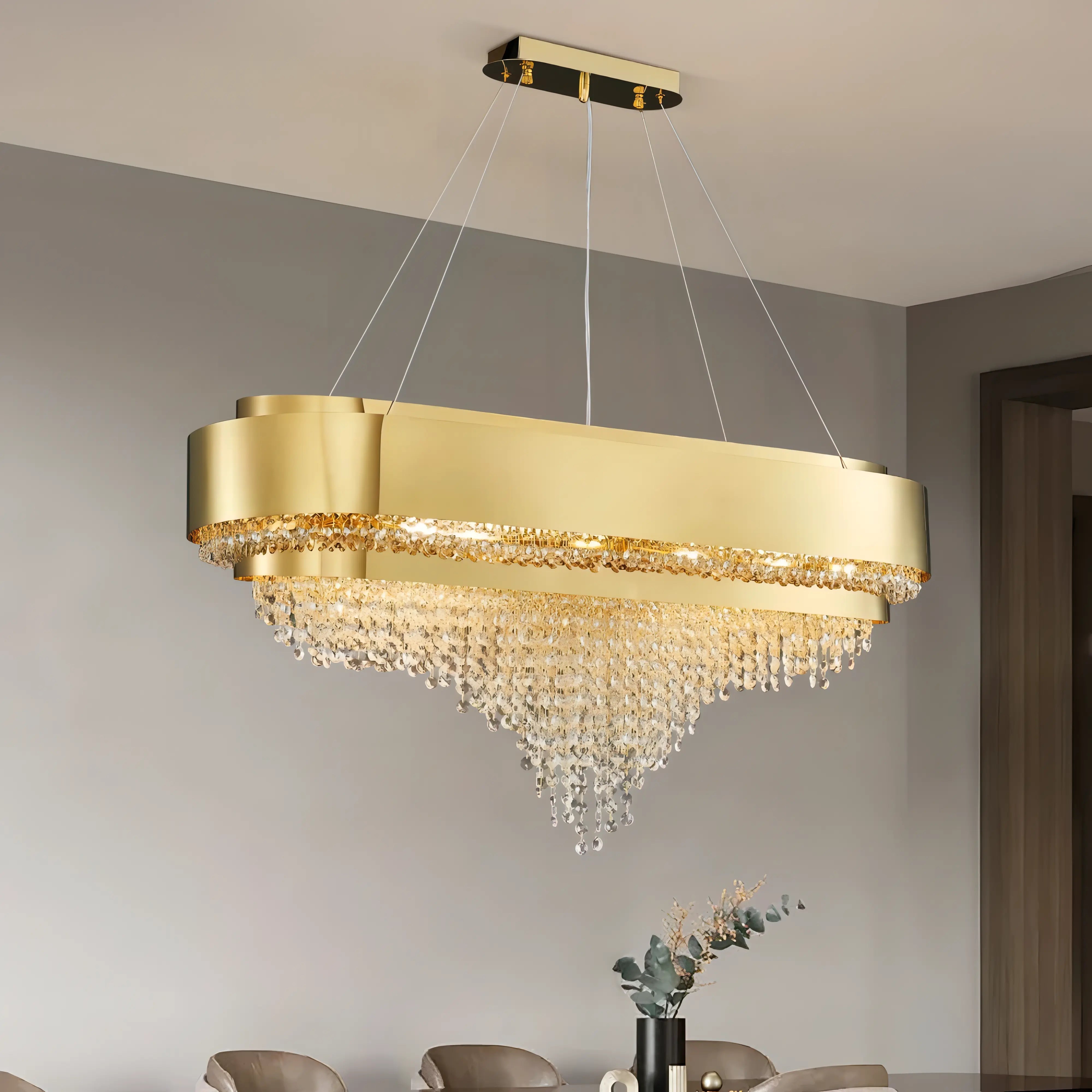 Manda - Crystal Gold Bead Rectangle Ceiling Chandelier