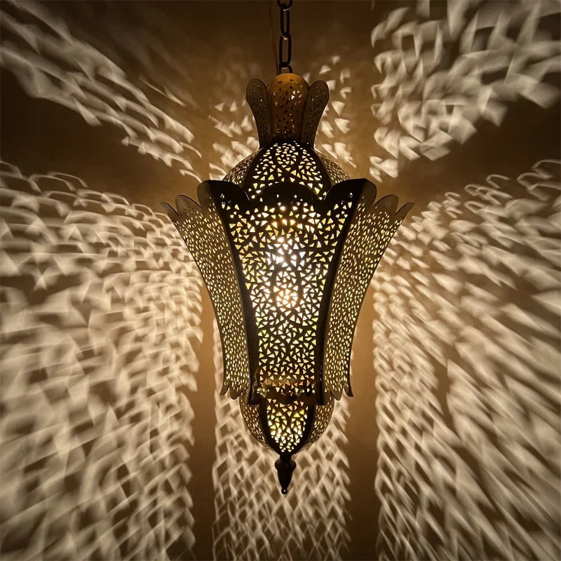 Mauro - Vintage Perforated Gold Lantern Hanging Pendant Ceiling Light