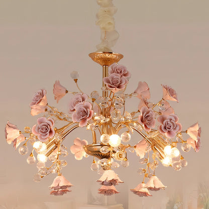 Marbella - Pink Flower Rose Crystal Hanging Ceiling Light Chandelier
