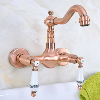 Trenton - Vintage Copper Wall Mount Dual Handle Swivel Spout Bathroom Tap