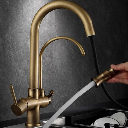 Trista - Antique Brass Kitchen 3 Way Filtered Pull Out Tap